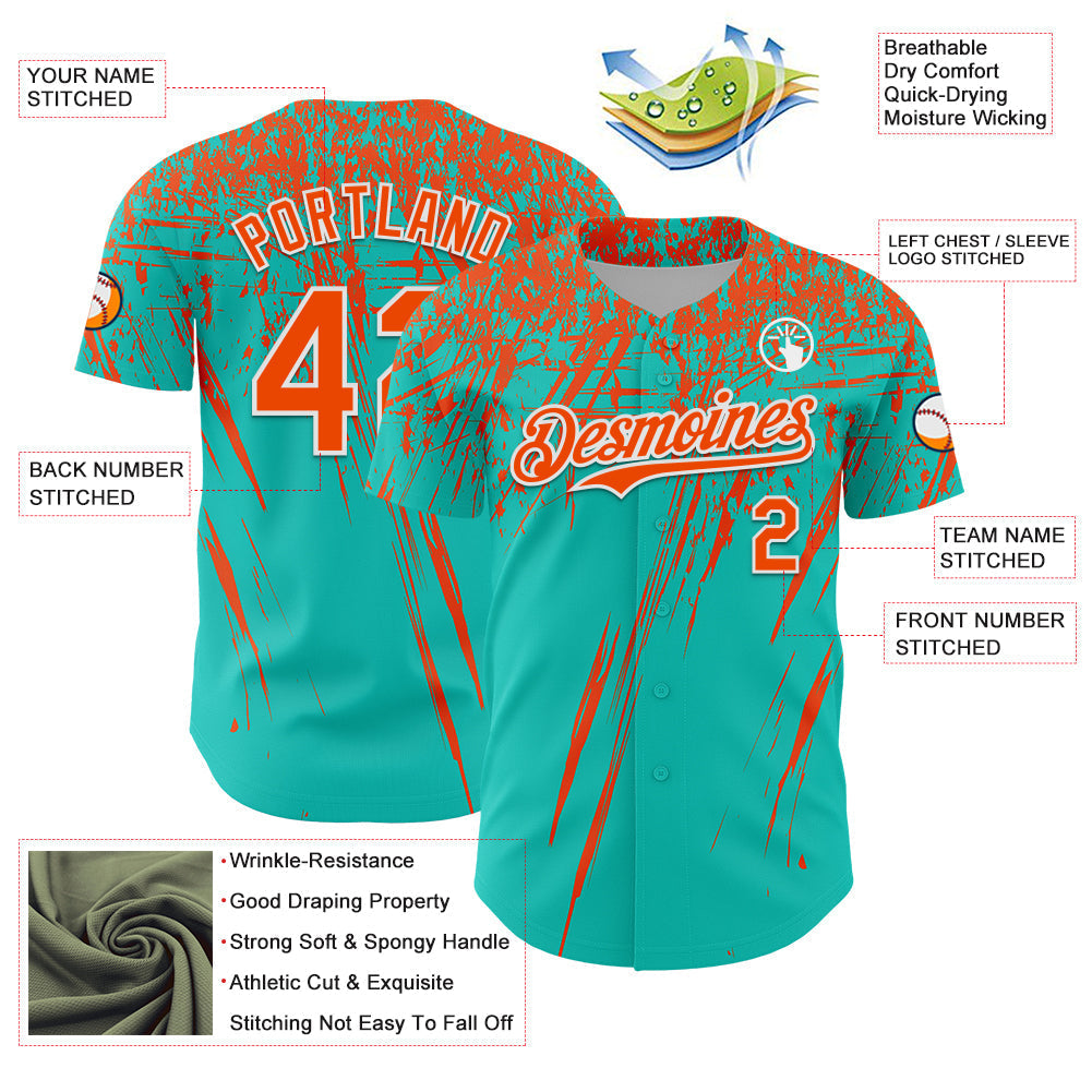 Custom Aqua Orange-White Distressed Scratch Brush Stroke Authentic Baseball Jersey baseball jersey product view 3