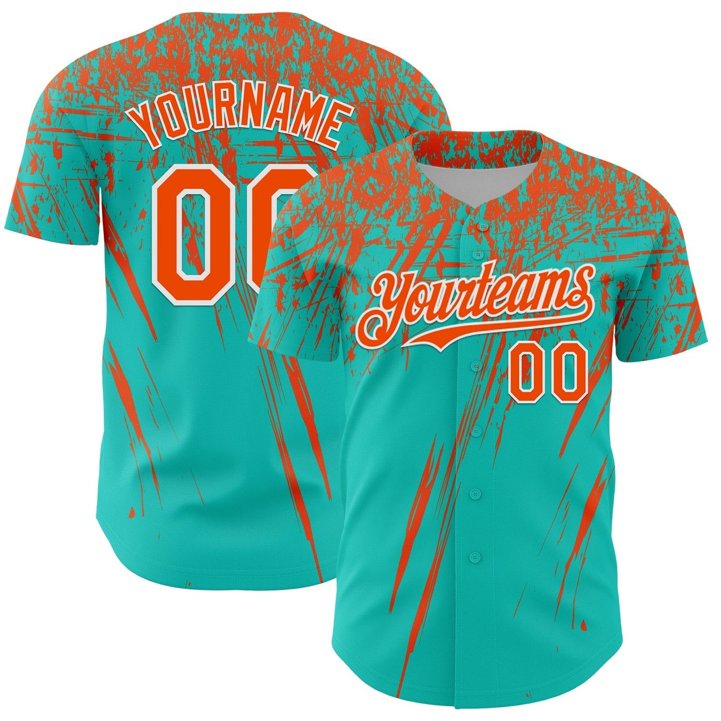 Custom Aqua Orange-White Distressed Scratch Brush Stroke Authentic Baseball Jersey baseball jersey product view 1