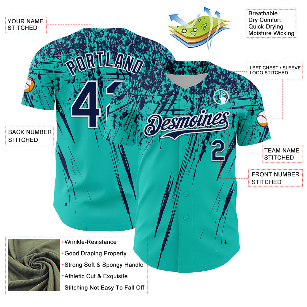 Custom Aqua Navy-White Distressed Scratch Brush Stroke Authentic Baseball Jersey baseball jersey product view 3
