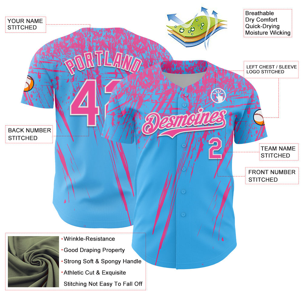 Custom Sky Blue Pink-White Distressed Scratch Brush Stroke Authentic Baseball Jersey baseball jersey product view 3