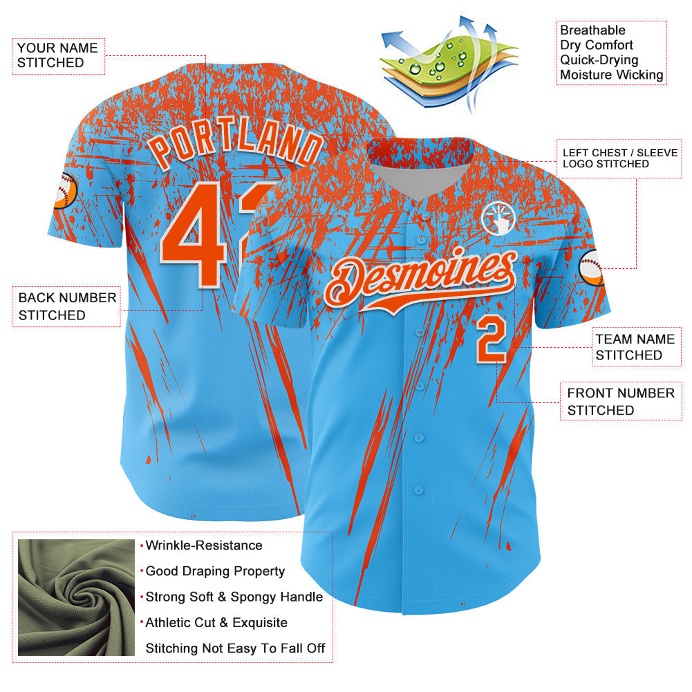 Custom Sky Blue Orange-White Distressed Scratch Brush Stroke Authentic Baseball Jersey baseball jersey product view 3