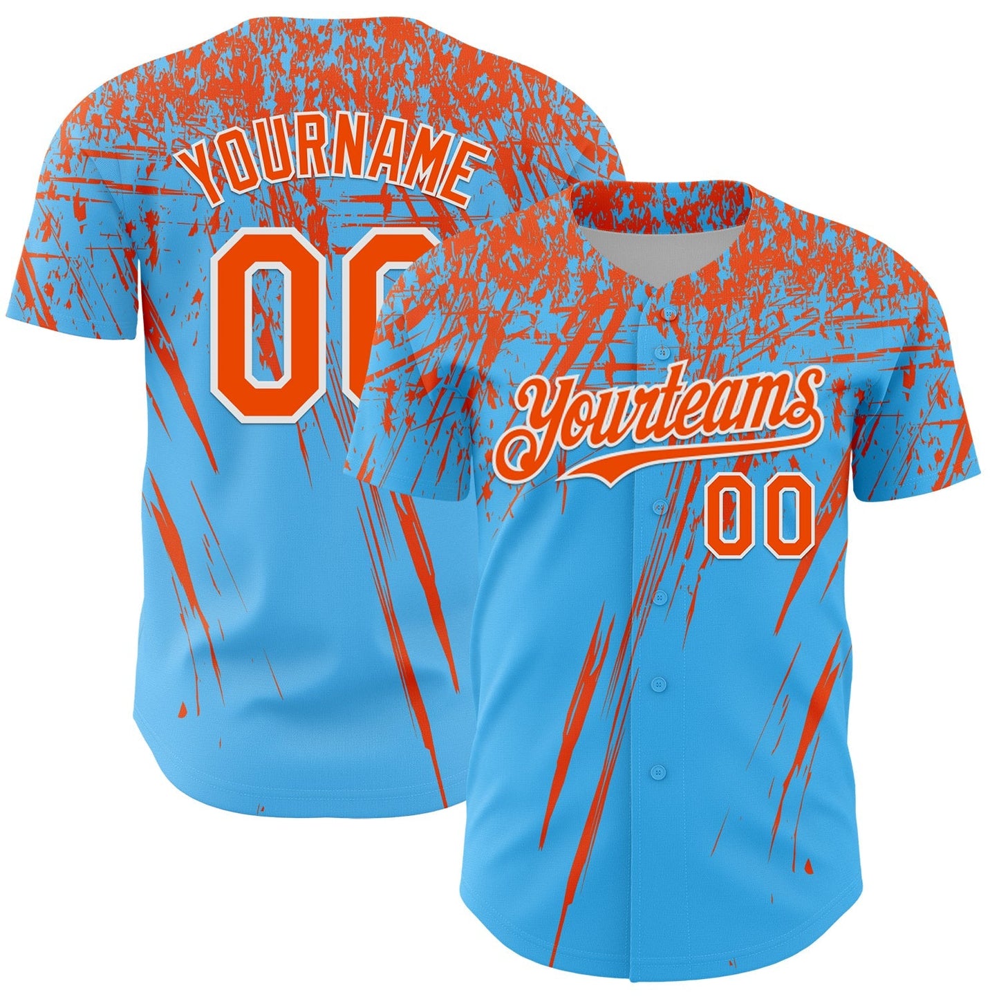 Custom Sky Blue Orange-White Distressed Scratch Brush Stroke Authentic Baseball Jersey baseball jersey product view 1