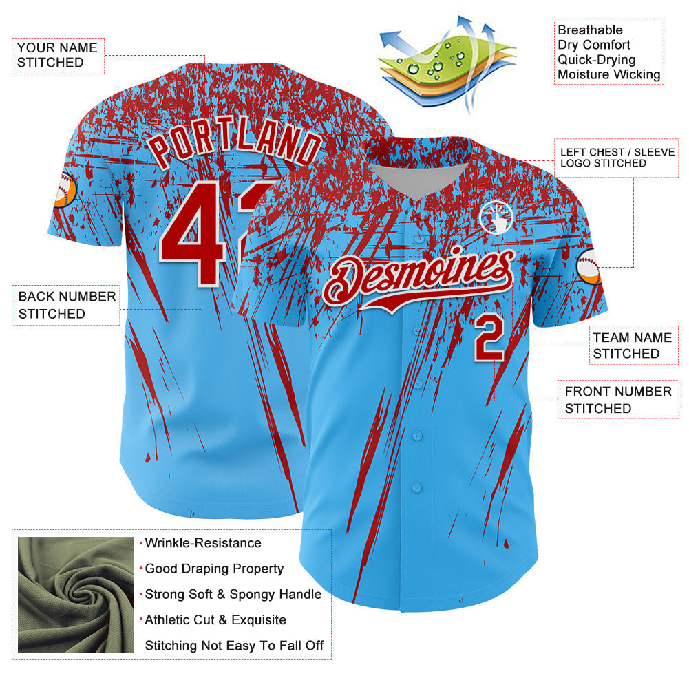 Custom Sky Blue Red-White Distressed Scratch Brush Stroke Authentic Baseball Jersey baseball jersey product view 3