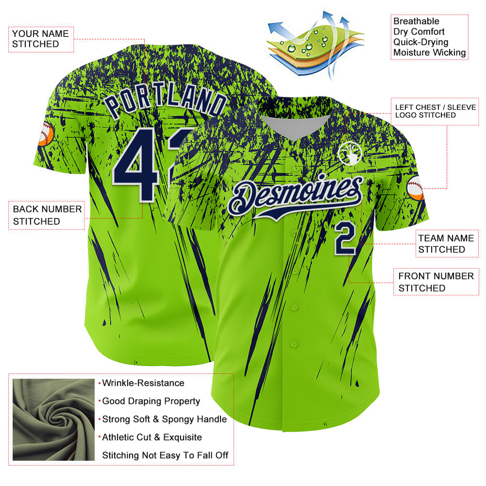 Custom Neon Green Navy-White Distressed Scratch Brush Stroke Authentic Baseball Jersey baseball jersey product view 3