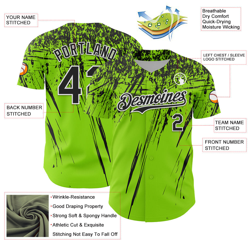 Custom Neon Green Black-White Distressed Scratch Brush Stroke Authentic Baseball Jersey baseball jersey product view 3