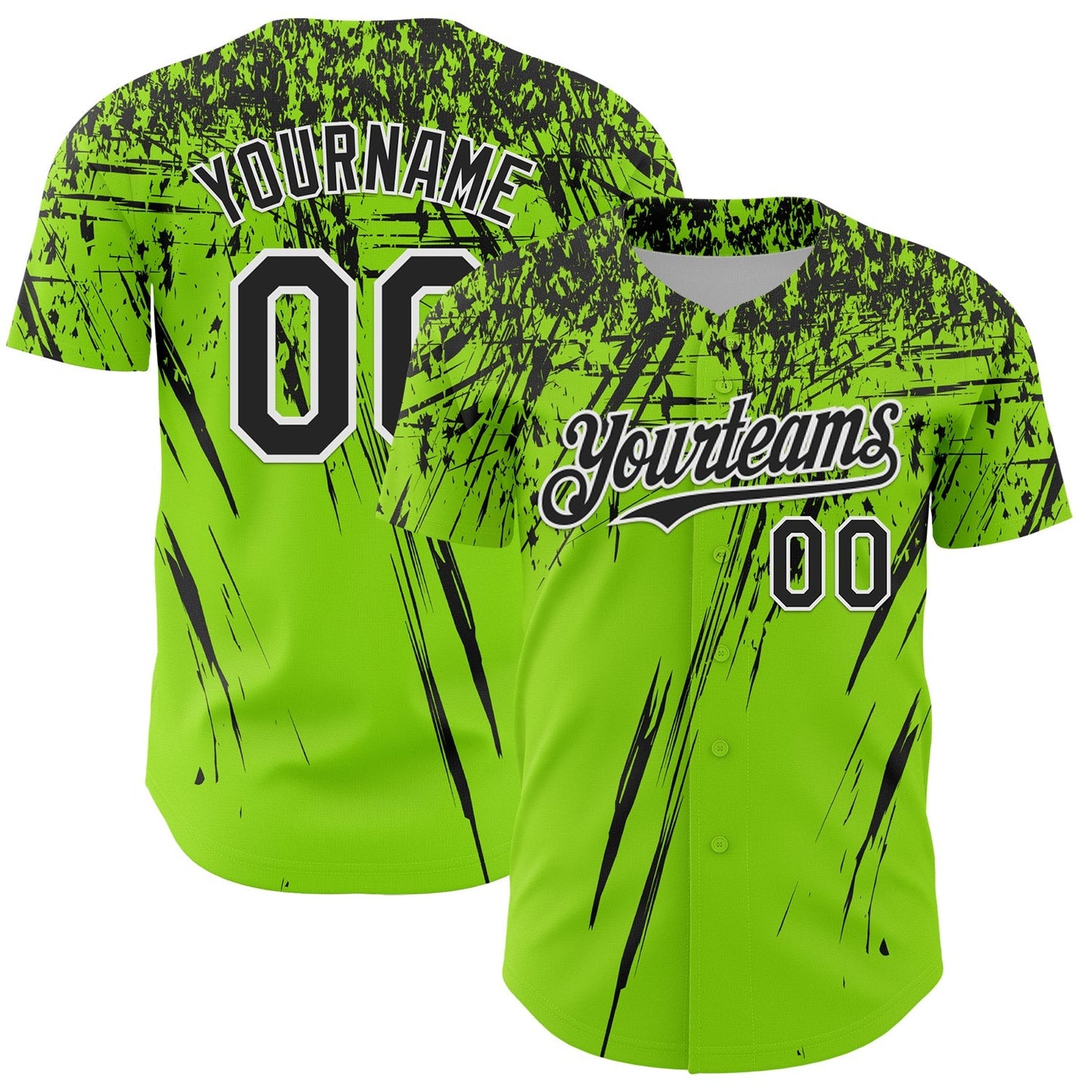 Custom Neon Green Black-White Distressed Scratch Brush Stroke Authentic Baseball Jersey baseball jersey product view 1