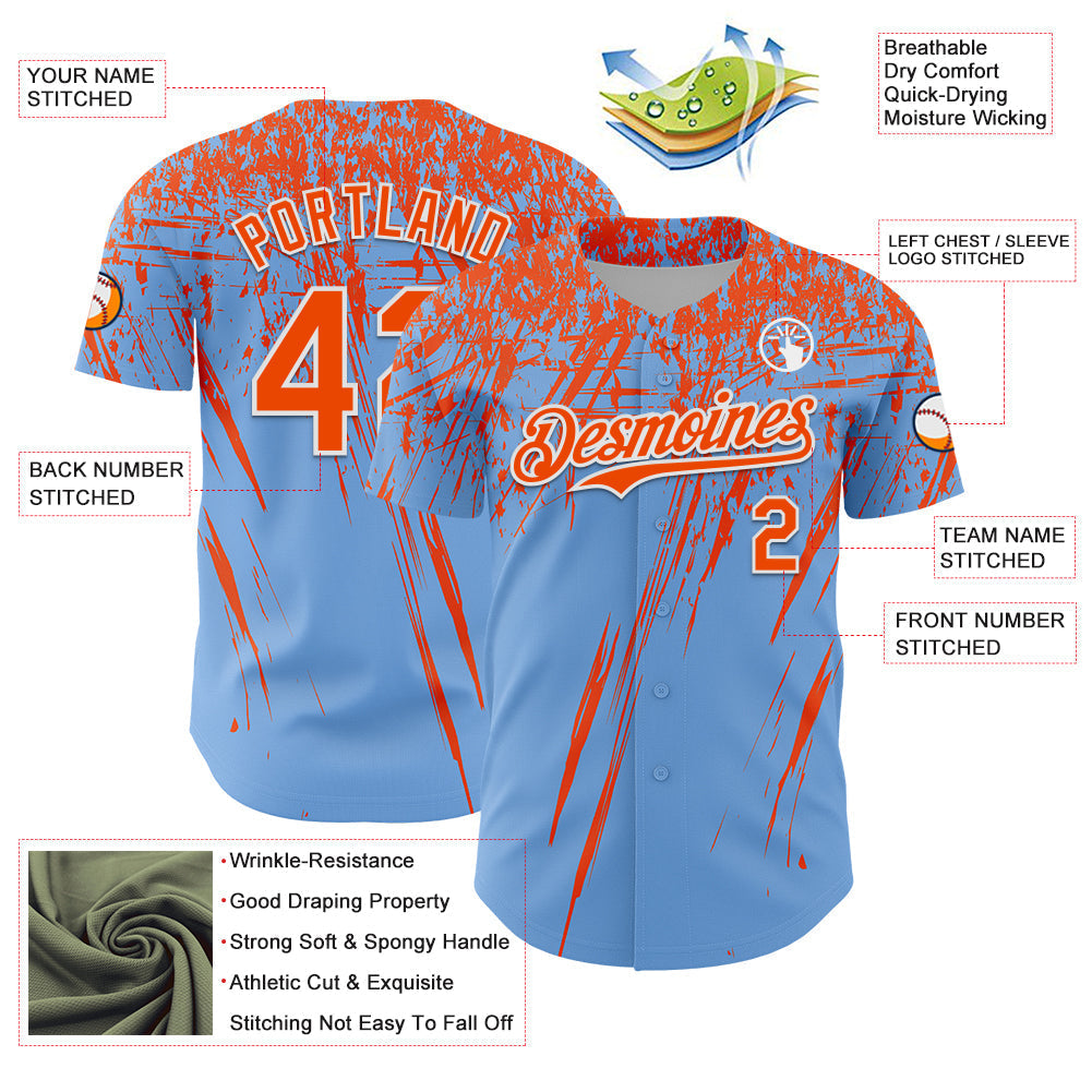 Custom Light Blue Orange-White Distressed Scratch Brush Stroke Authentic Baseball Jersey baseball jersey product view 3