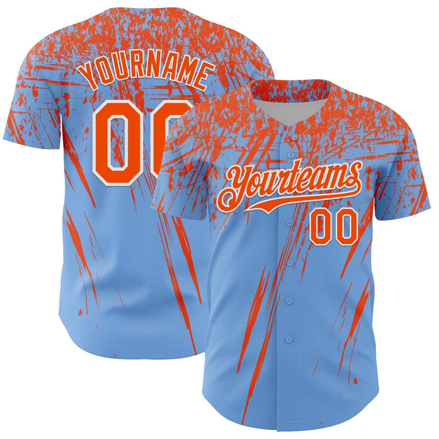 Custom Light Blue Orange-White Distressed Scratch Brush Stroke Authentic Baseball Jersey baseball jersey product view 1
