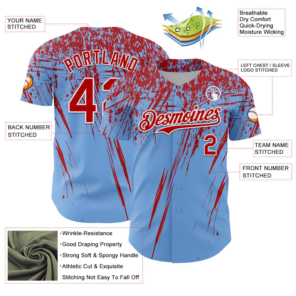 Custom Light Blue Red-White Distressed Scratch Brush Stroke Authentic Baseball Jersey baseball jersey product view 3