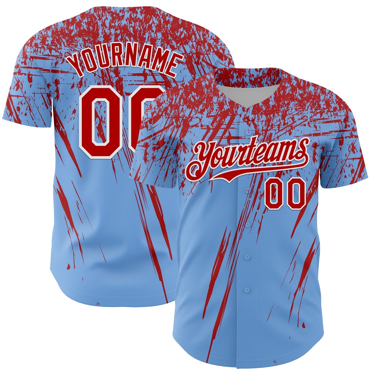 Custom Light Blue Red-White Distressed Scratch Brush Stroke Authentic Baseball Jersey baseball jersey product view 1