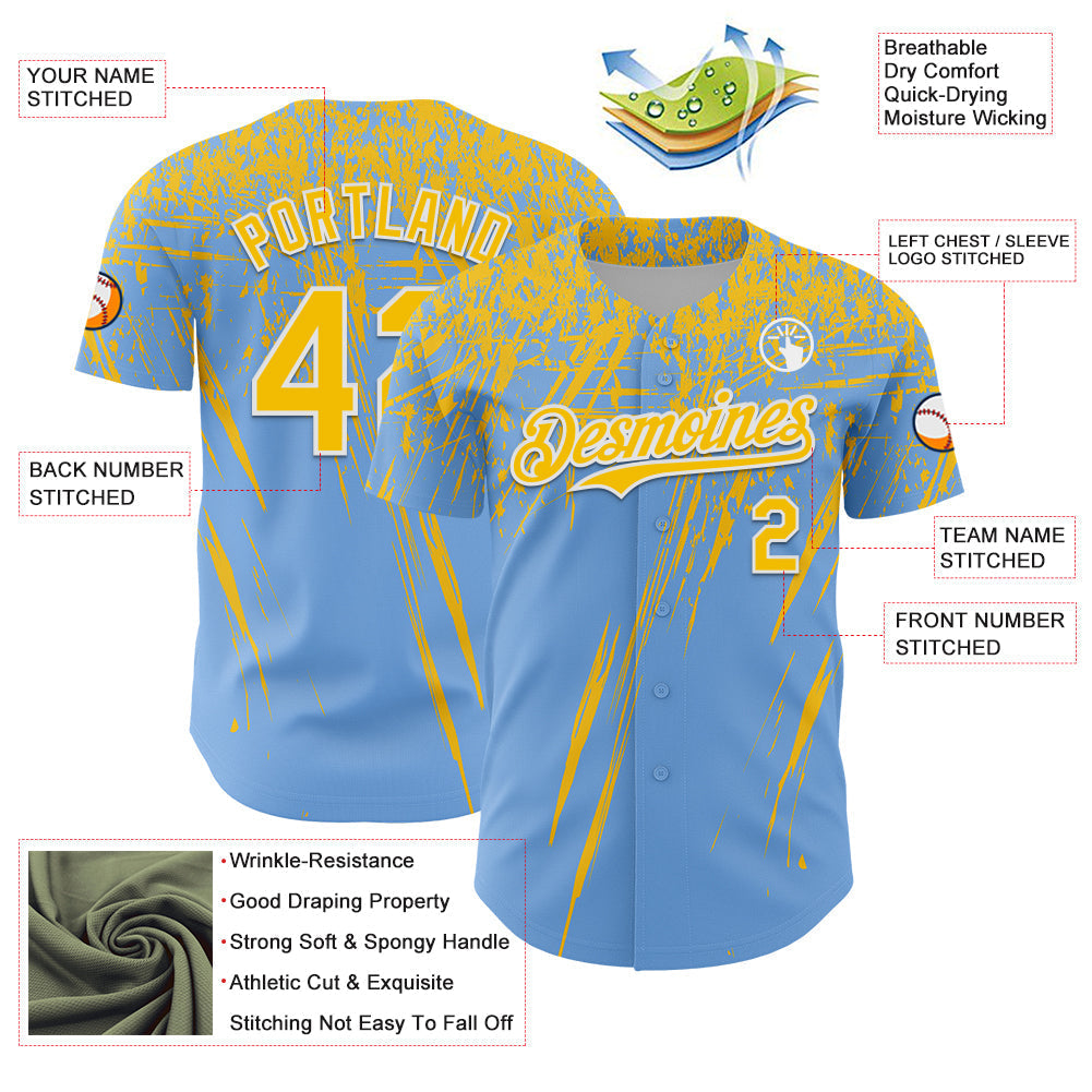 Custom Light Blue Yellow-White Distressed Scratch Brush Stroke Authentic Baseball Jersey baseball jersey product view 3