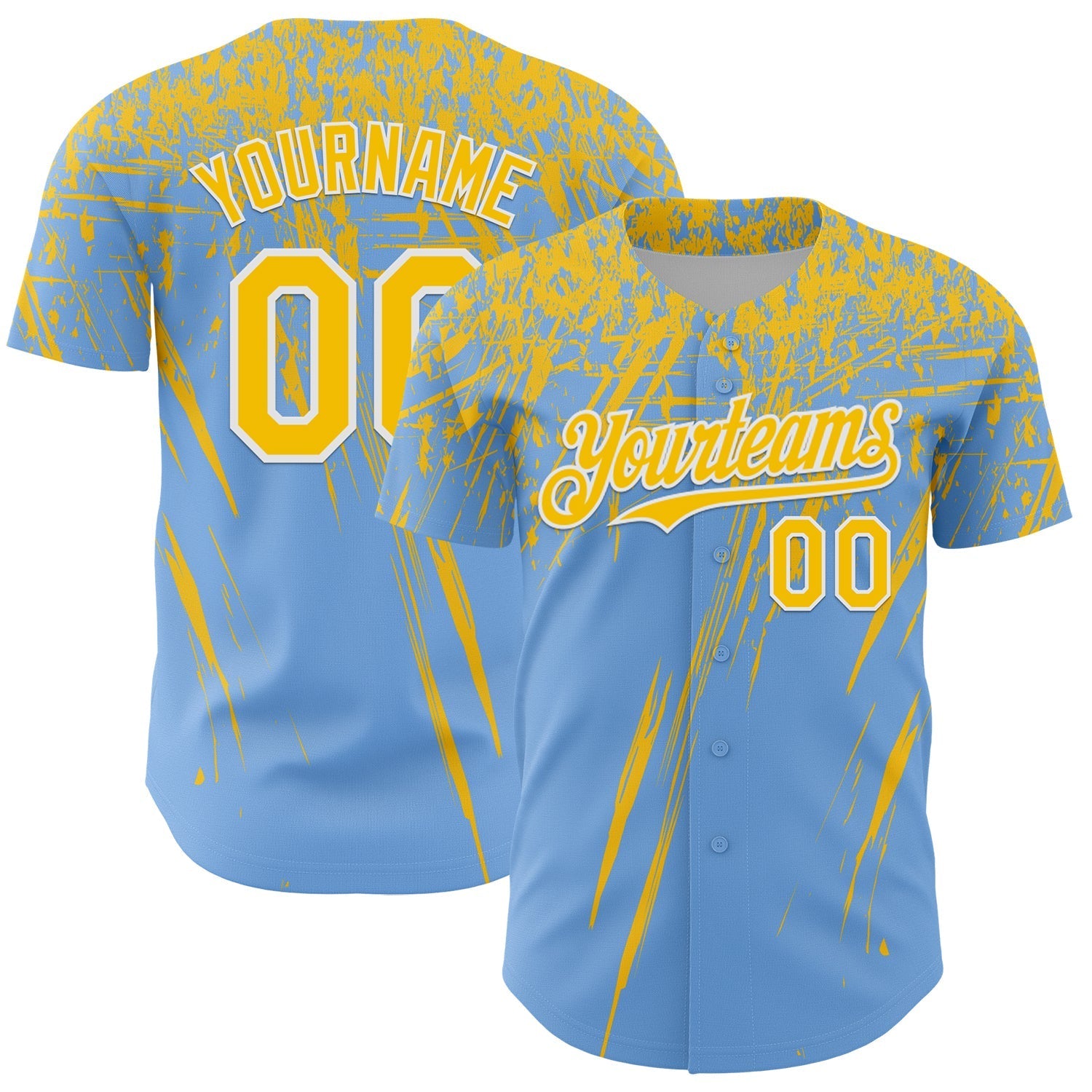 Custom Light Blue Yellow-White Distressed Scratch Brush Stroke Authentic Baseball Jersey baseball jersey product view 1
