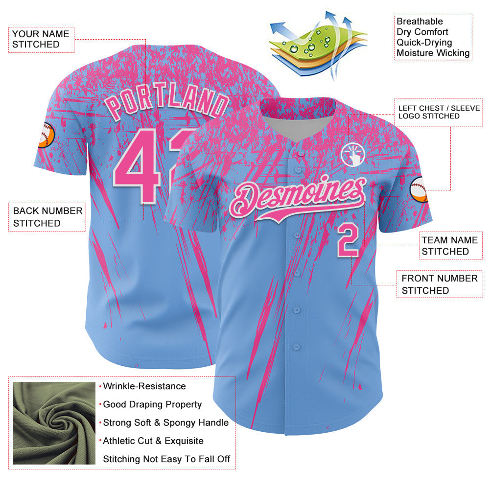 Custom Light Blue Pink-White Distressed Scratch Brush Stroke Authentic Baseball Jersey baseball jersey product view 3
