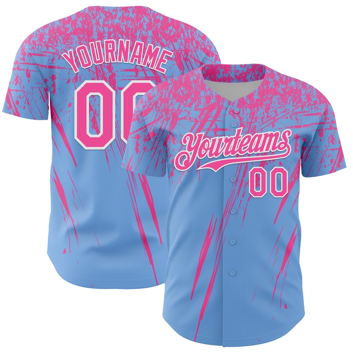 Custom Light Blue Pink-White Distressed Scratch Brush Stroke Authentic Baseball Jersey baseball jersey product view 1