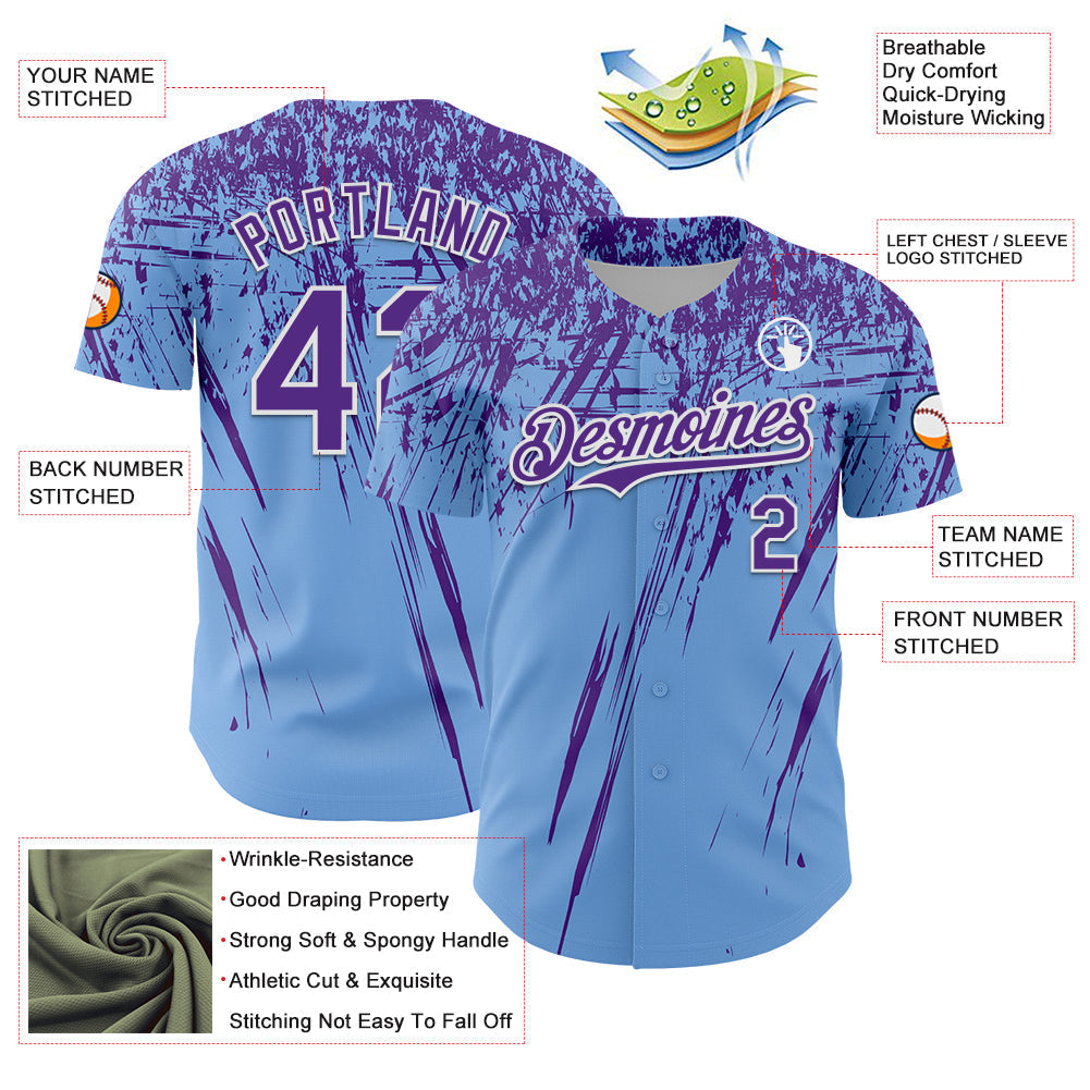 Custom Light Blue Purple-White Distressed Scratch Brush Stroke Authentic Baseball Jersey baseball jersey product view 3
