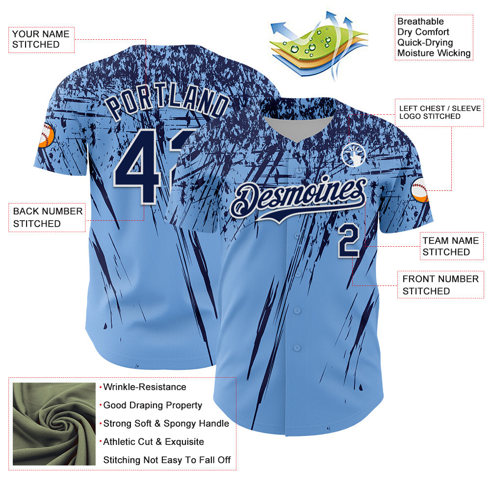 Custom Light Blue Navy-White Distressed Scratch Brush Stroke Authentic Baseball Jersey baseball jersey product view 3