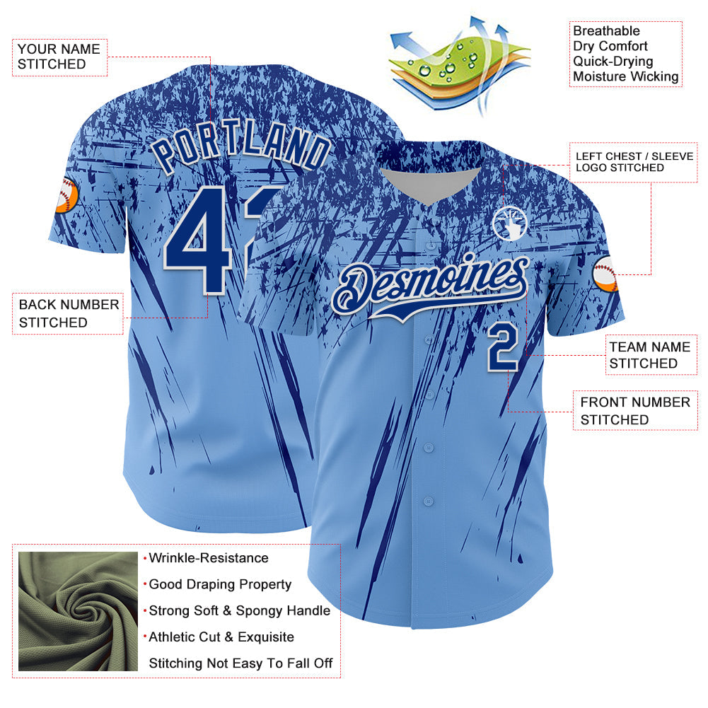 Custom Light Blue Royal-White Distressed Scratch Brush Stroke Authentic Baseball Jersey baseball jersey product view 3