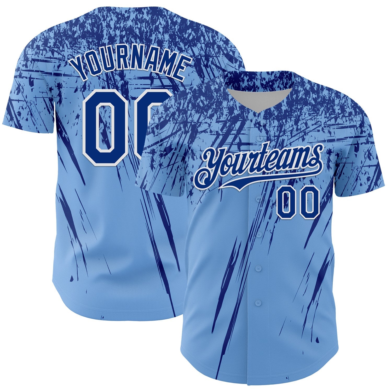 Custom Light Blue Royal-White Distressed Scratch Brush Stroke Authentic Baseball Jersey baseball jersey product view 1