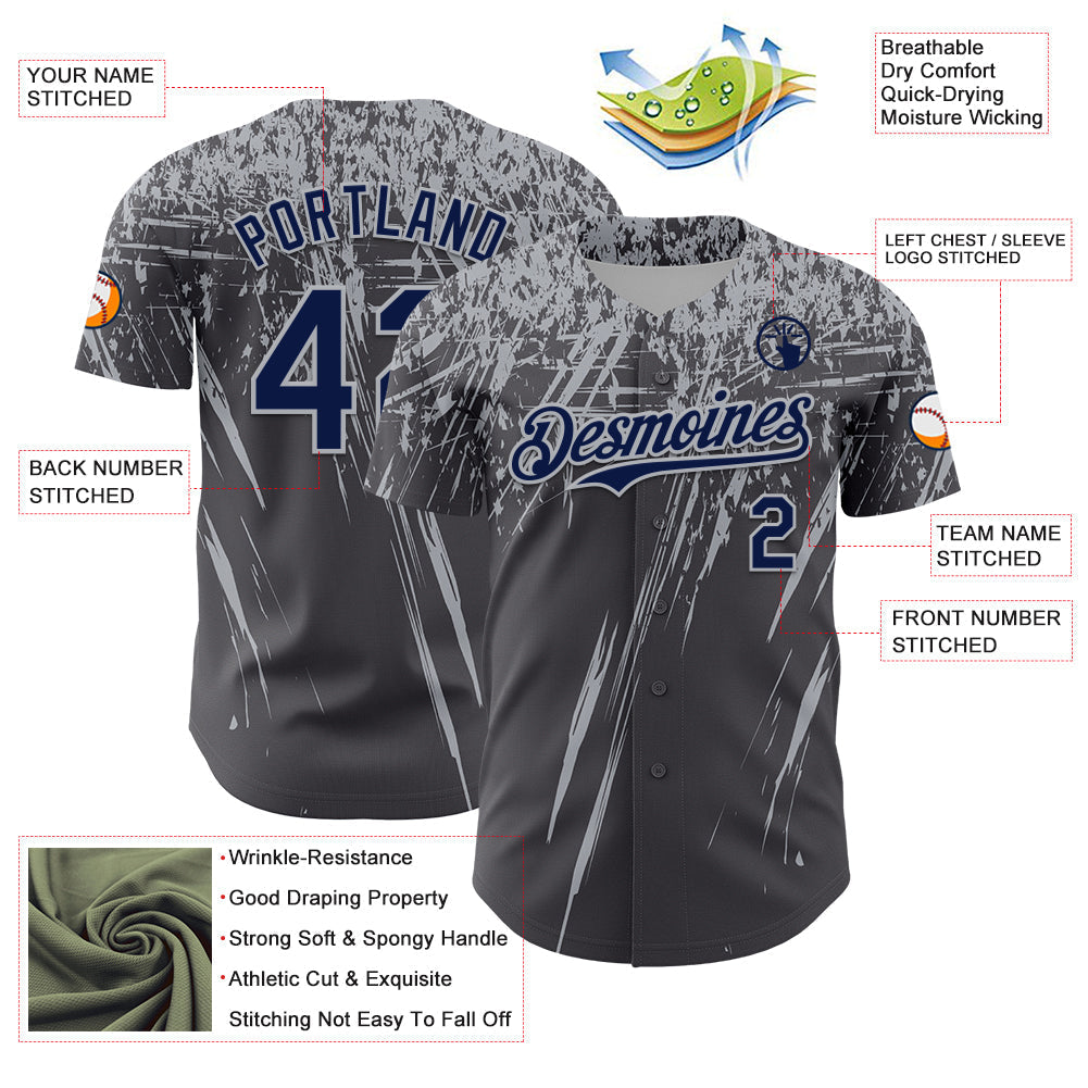 Custom Steel Gray Navy-Gray Distressed Scratch Brush Stroke Authentic Baseball Jersey baseball jersey product view 3