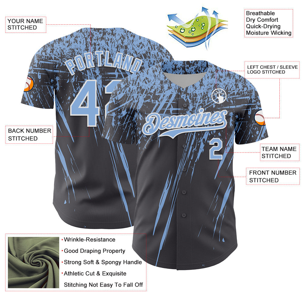 Custom Steel Gray Light Blue-White Distressed Scratch Brush Stroke Authentic Baseball Jersey baseball jersey product view 3