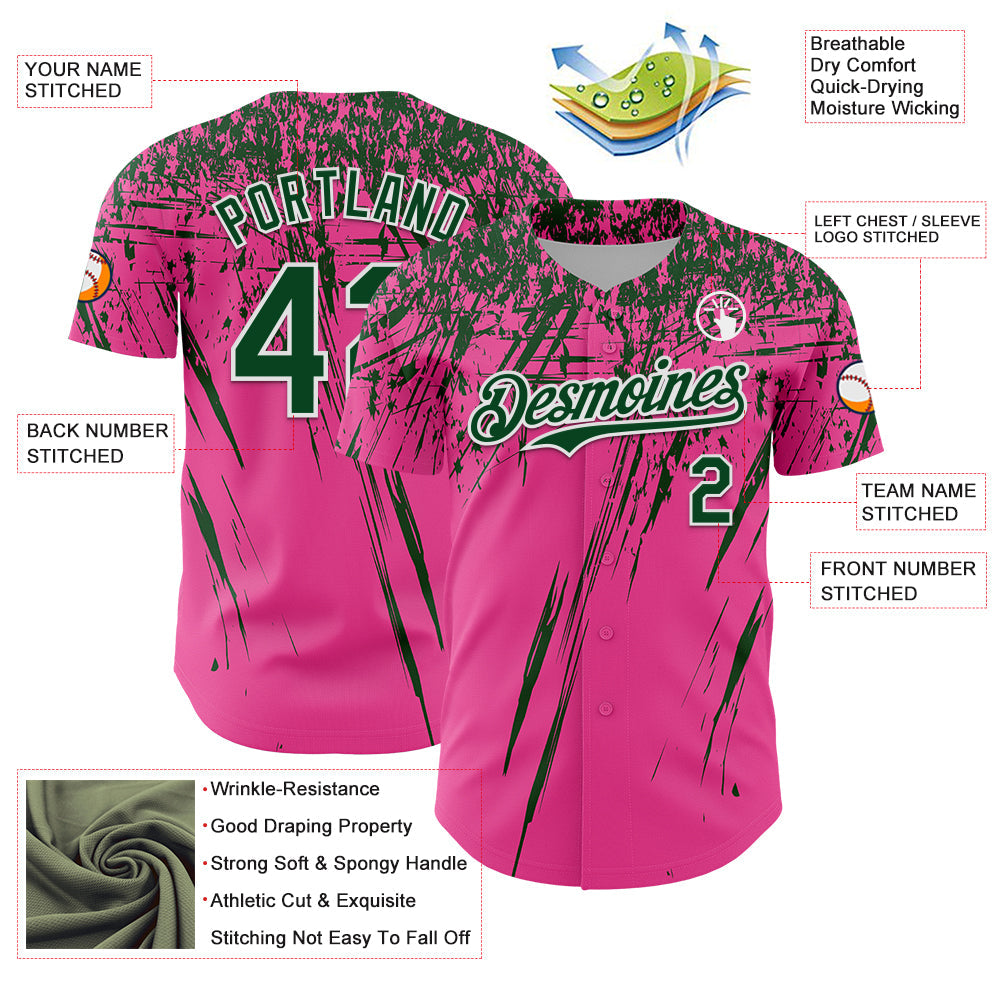 Custom Pink Green-White Distressed Scratch Brush Stroke Authentic Baseball Jersey baseball jersey product view 3