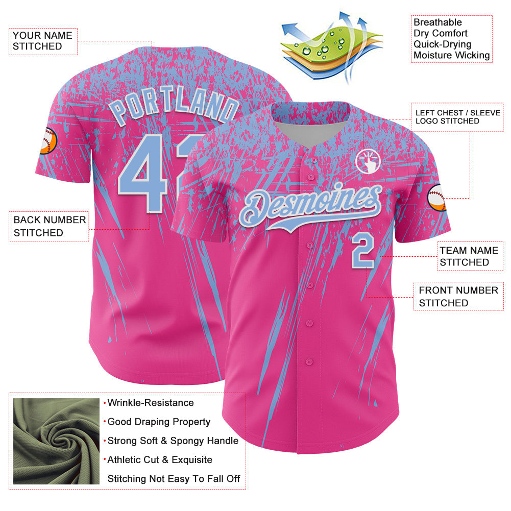 Custom Pink Light Blue-White Distressed Scratch Brush Stroke Authentic Baseball Jersey baseball jersey product view 3