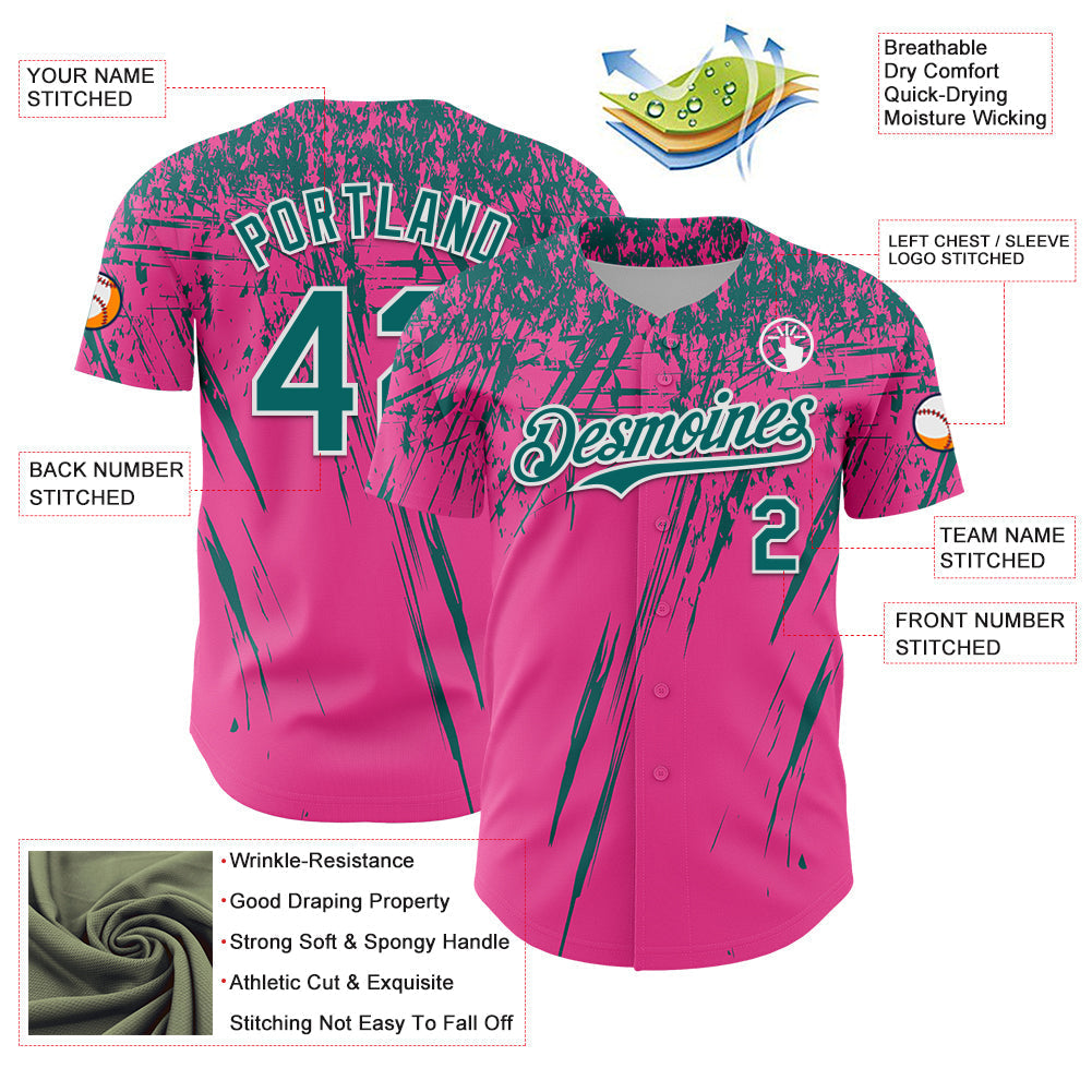 Custom Pink Teal-White Distressed Scratch Brush Stroke Authentic Baseball Jersey baseball jersey product view 3