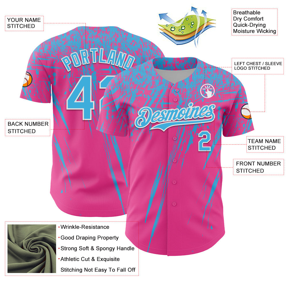 Custom Pink Sky Blue-White Distressed Scratch Brush Stroke Authentic Baseball Jersey baseball jersey product view 3
