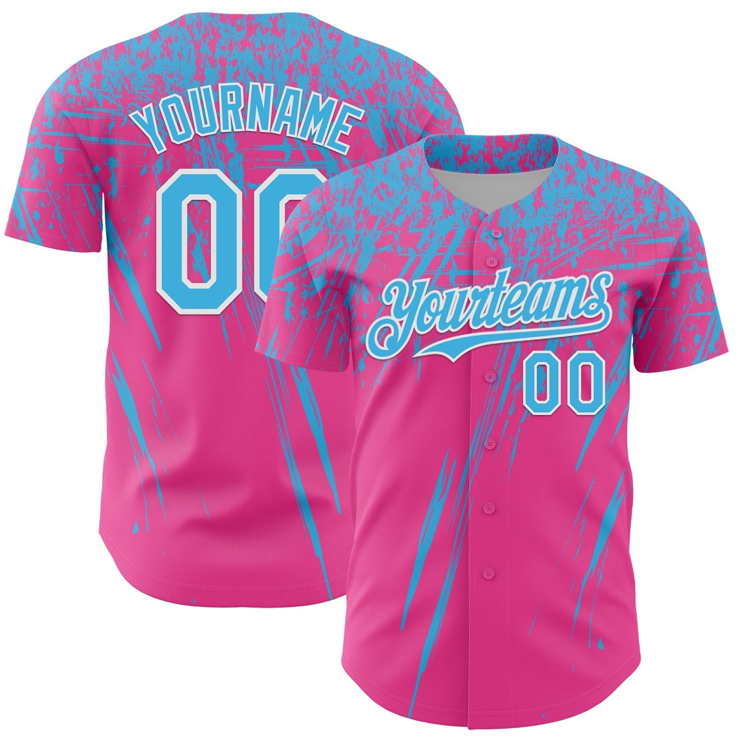 Custom Pink Sky Blue-White Distressed Scratch Brush Stroke Authentic Baseball Jersey baseball jersey product view 1