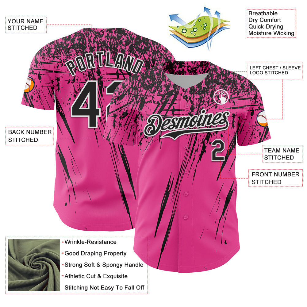 Custom Pink Black-White Distressed Scratch Brush Stroke Authentic Baseball Jersey baseball jersey product view 3
