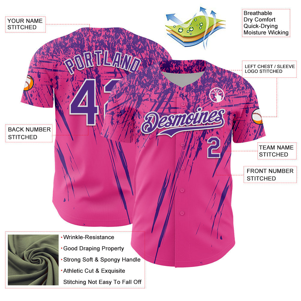 Custom Pink Purple-White Distressed Scratch Brush Stroke Authentic Baseball Jersey baseball jersey product view 3
