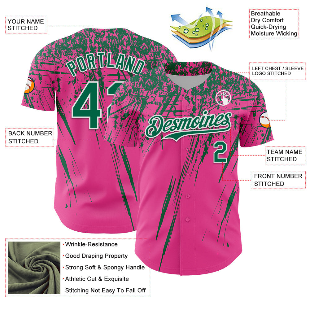 Custom Pink Kelly Green-White Distressed Scratch Brush Stroke Authentic Baseball Jersey baseball jersey product view 3
