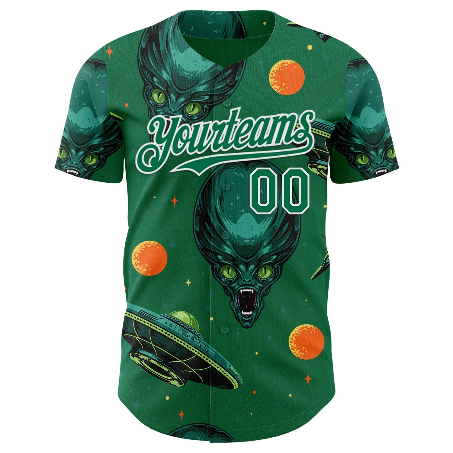 Custom Kelly Green White Alien UFO Space Authentic Baseball Jersey baseball jersey product view 2