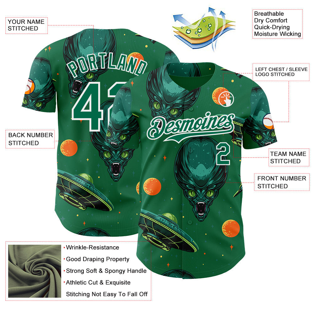 Custom Kelly Green White Alien UFO Space Authentic Baseball Jersey baseball jersey product view 3