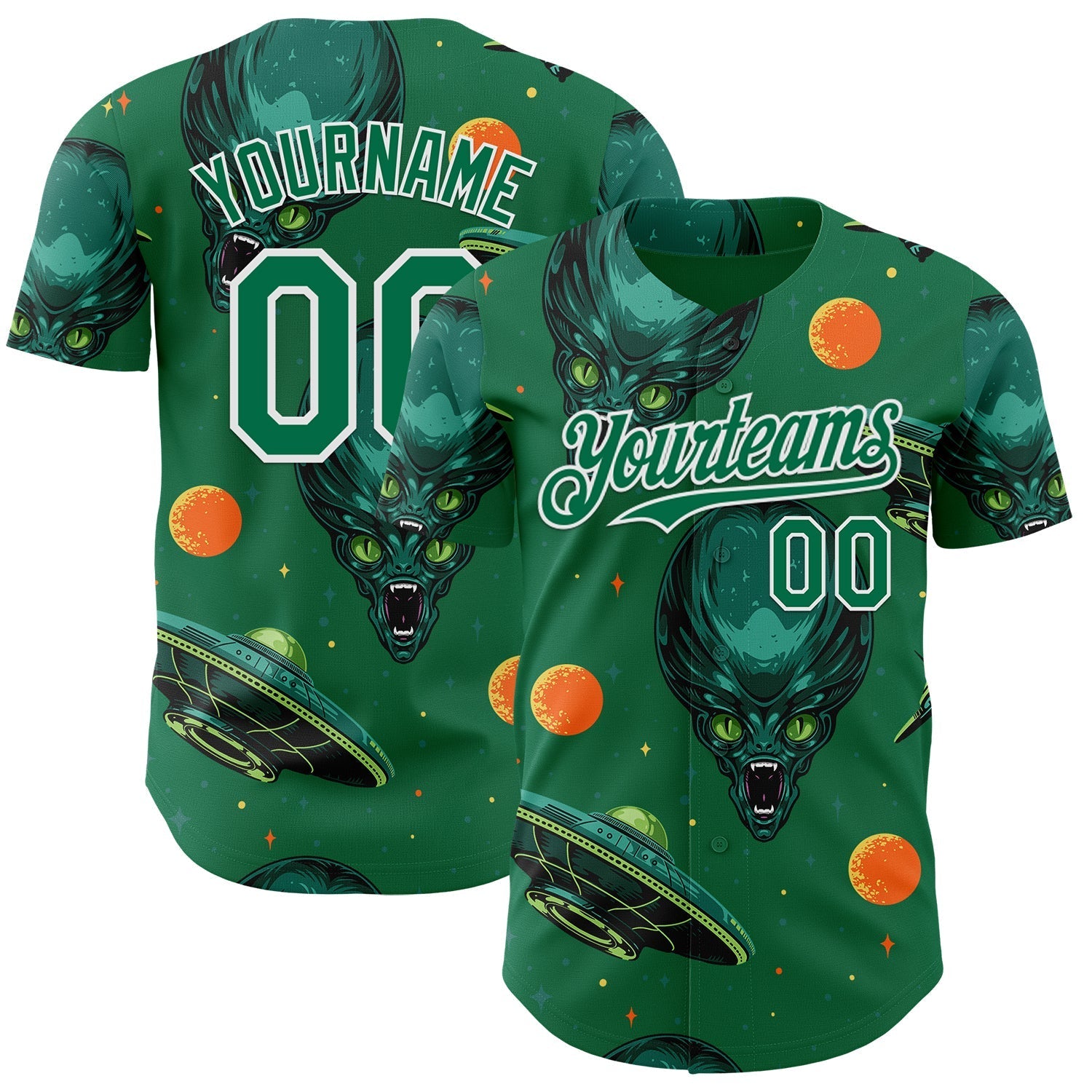 Custom Kelly Green White Alien UFO Space Authentic Baseball Jersey baseball jersey product view 1