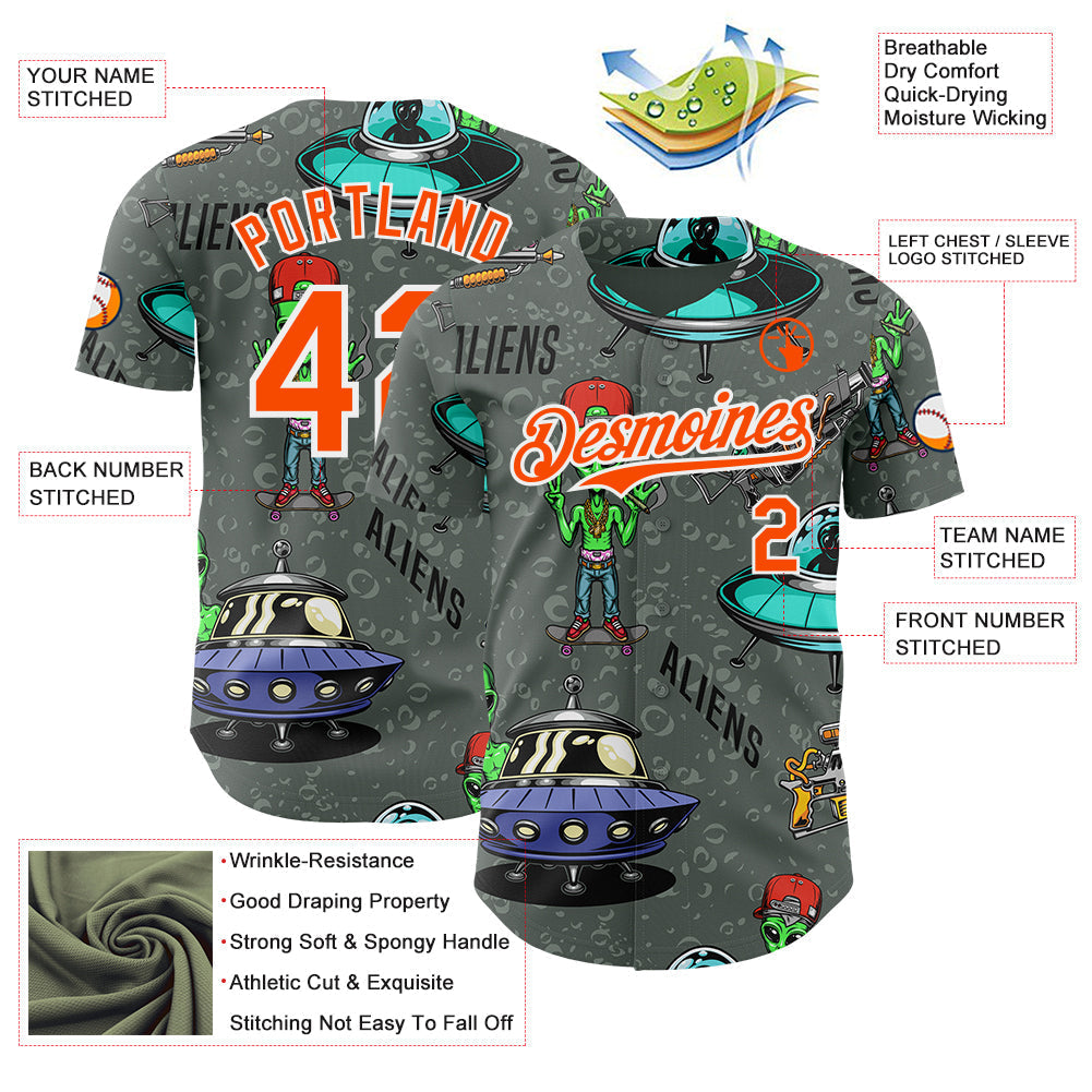 Custom Gray Orange-White Alien UFO Space Authentic Baseball Jersey baseball jersey product view 3