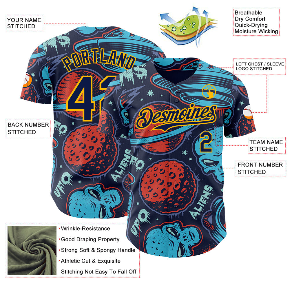 Custom Navy Gold Alien UFO Space Authentic Baseball Jersey baseball jersey product view 3