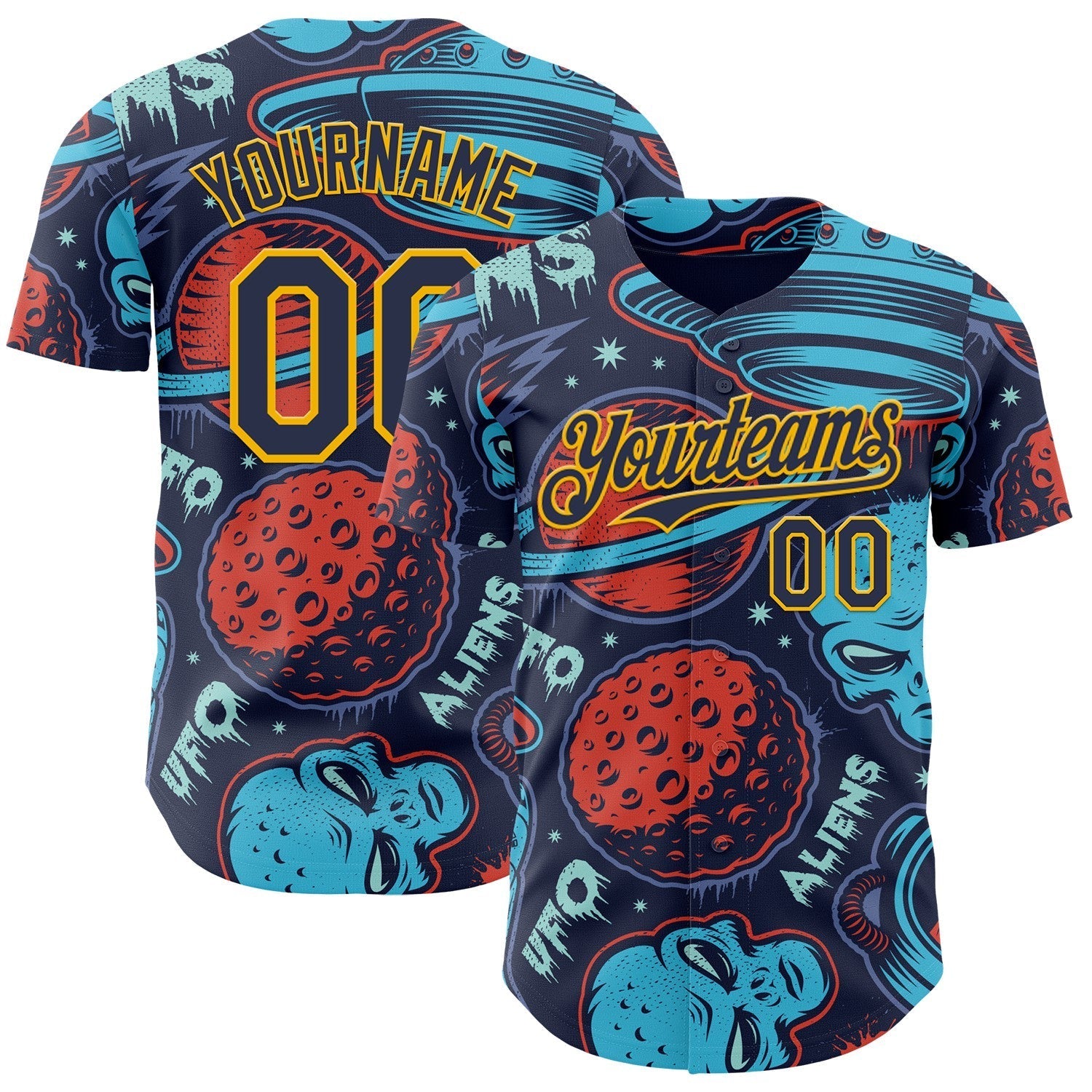 Custom Navy Gold Alien UFO Space Authentic Baseball Jersey baseball jersey product view 1