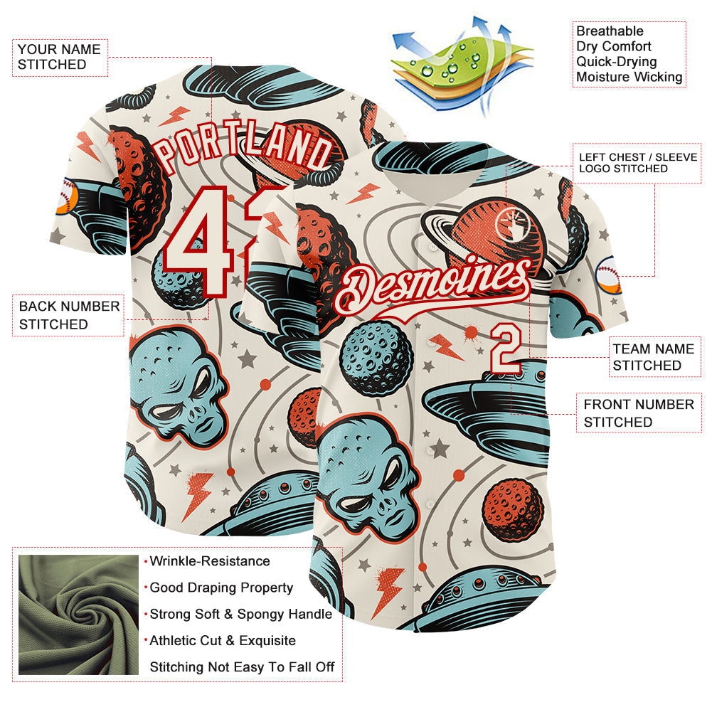 Custom Cream Red Alien UFO Space Authentic Baseball Jersey baseball jersey product view 3