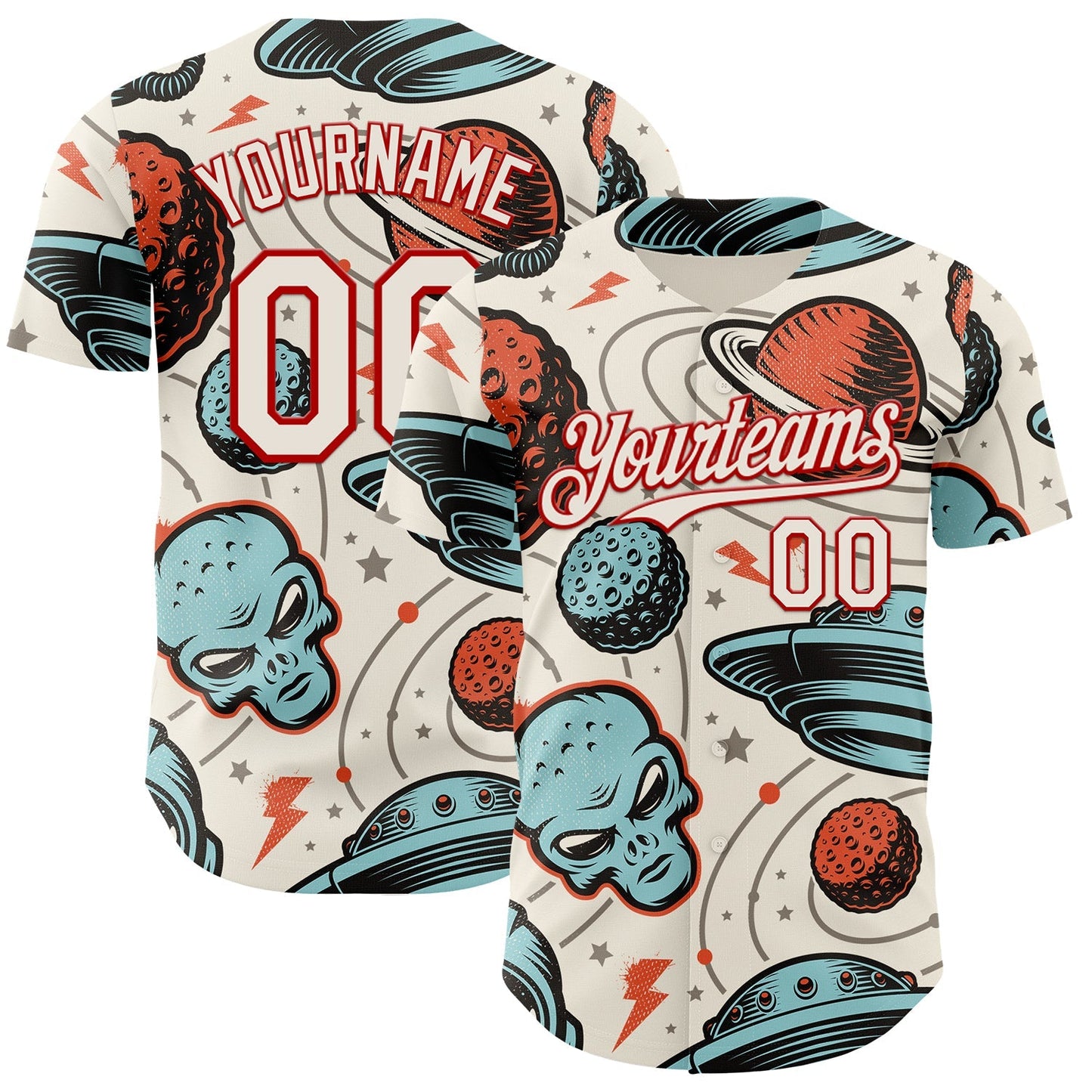Custom Cream Red Alien UFO Space Authentic Baseball Jersey baseball jersey product view 1