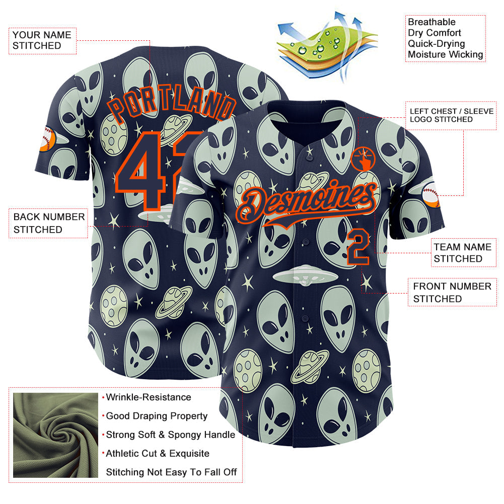 Custom Navy Orange Alien UFO Space Authentic Baseball Jersey baseball jersey product view 3