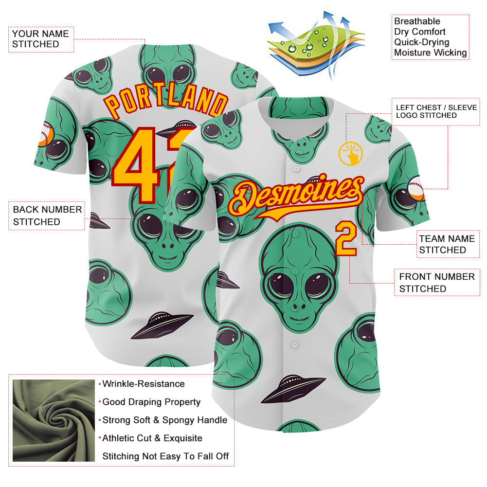 Custom White Gold-Red Alien UFO Space Authentic Baseball Jersey baseball jersey product view 3