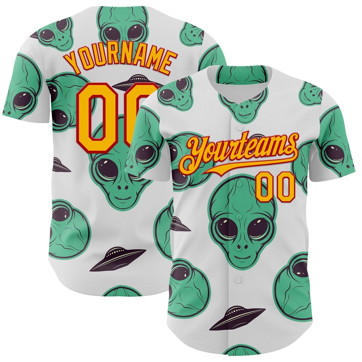 Custom White Gold-Red Alien UFO Space Authentic Baseball Jersey baseball jersey product view 1
