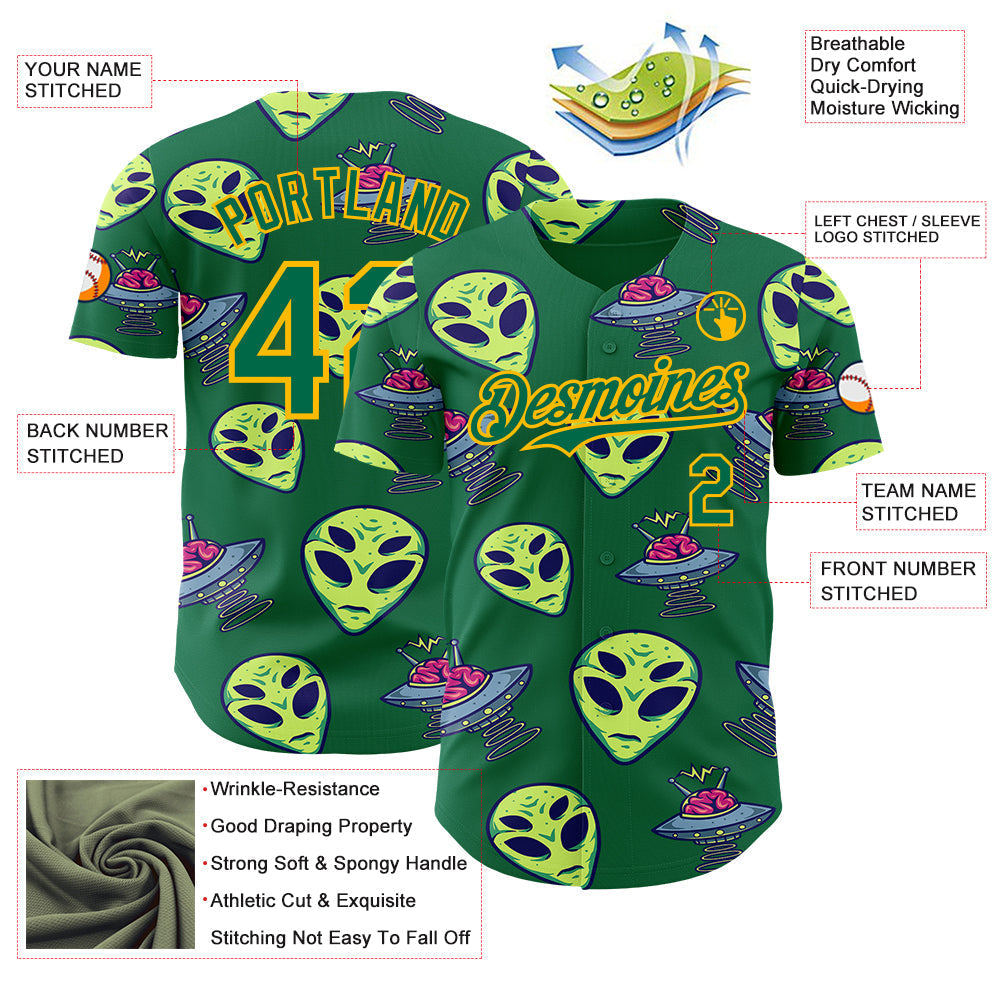 Custom Kelly Green Gold Alien UFO Space Authentic Baseball Jersey baseball jersey product view 3