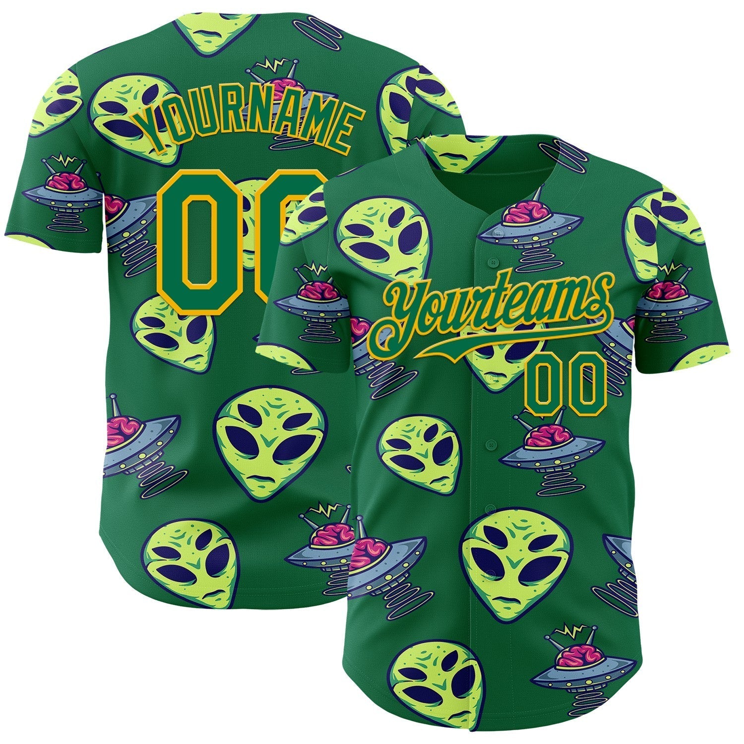 Custom Kelly Green Gold Alien UFO Space Authentic Baseball Jersey baseball jersey product view 1