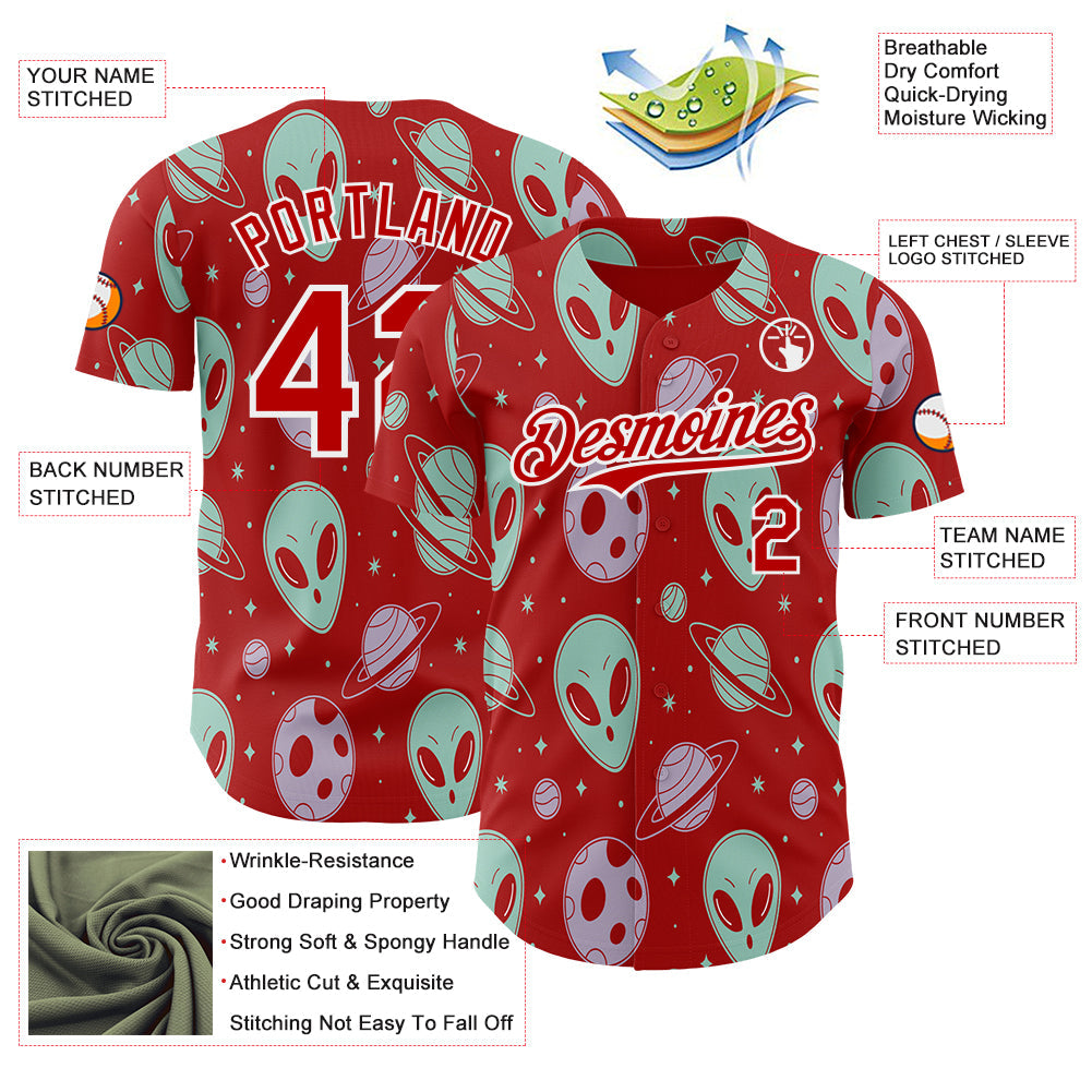 Custom Red White Alien UFO Space Authentic Baseball Jersey baseball jersey product view 3