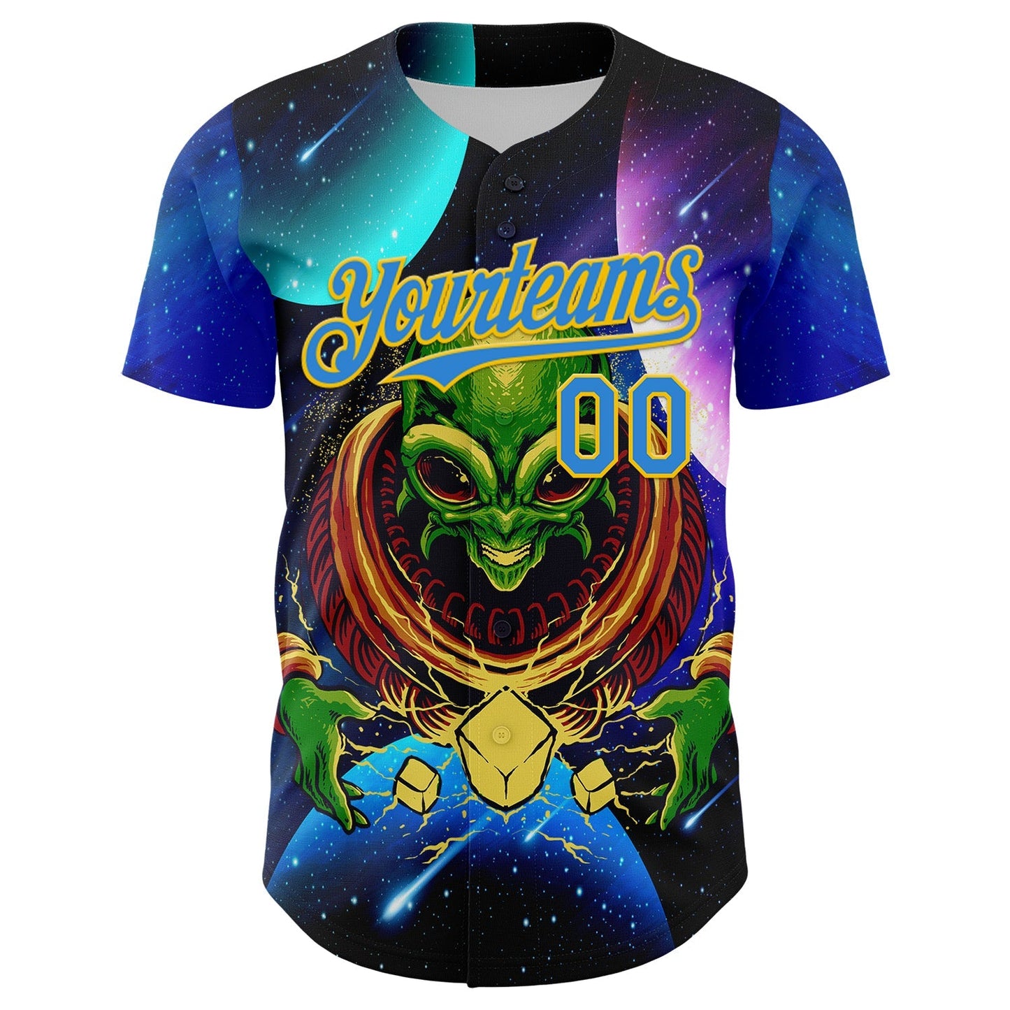 Custom Navy Electric Blue-Yellow Alien UFO Space Galaxy Authentic Baseball Jersey baseball jersey product view 2