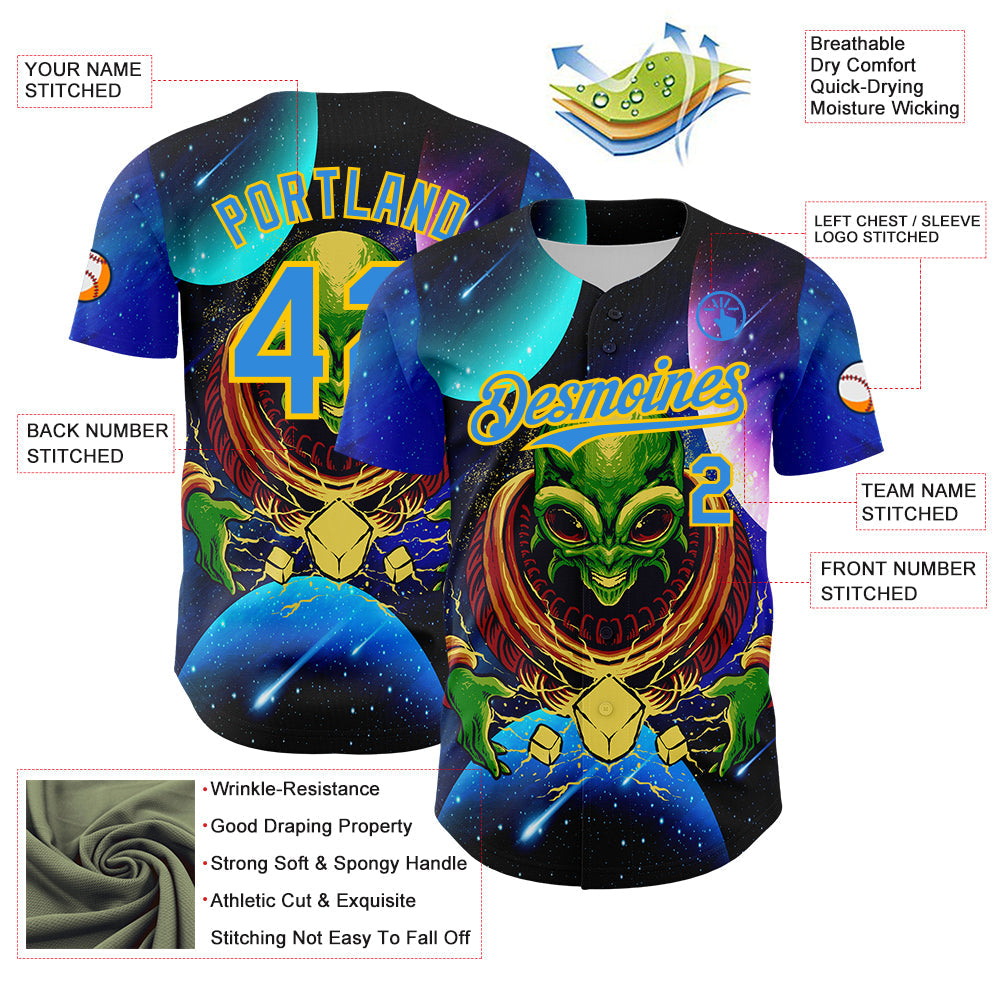 Custom Navy Electric Blue-Yellow Alien UFO Space Galaxy Authentic Baseball Jersey baseball jersey product view 3