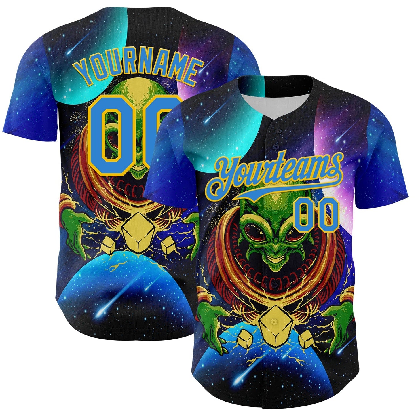 Custom Navy Electric Blue-Yellow Alien UFO Space Galaxy Authentic Baseball Jersey baseball jersey product view 1