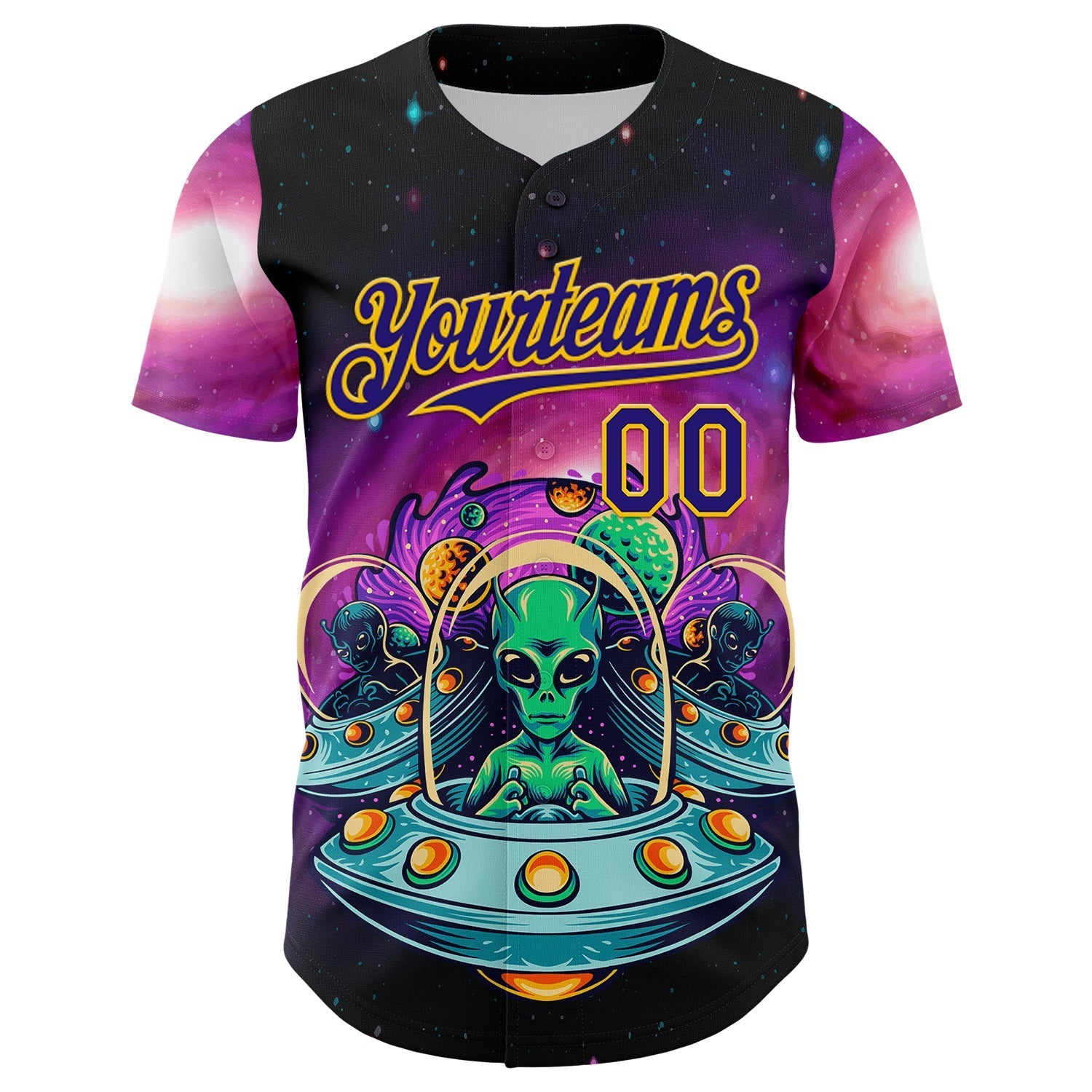Custom Black Dark Purple-Yellow Alien UFO Space Galaxy Authentic Baseball Jersey baseball jersey product view 2